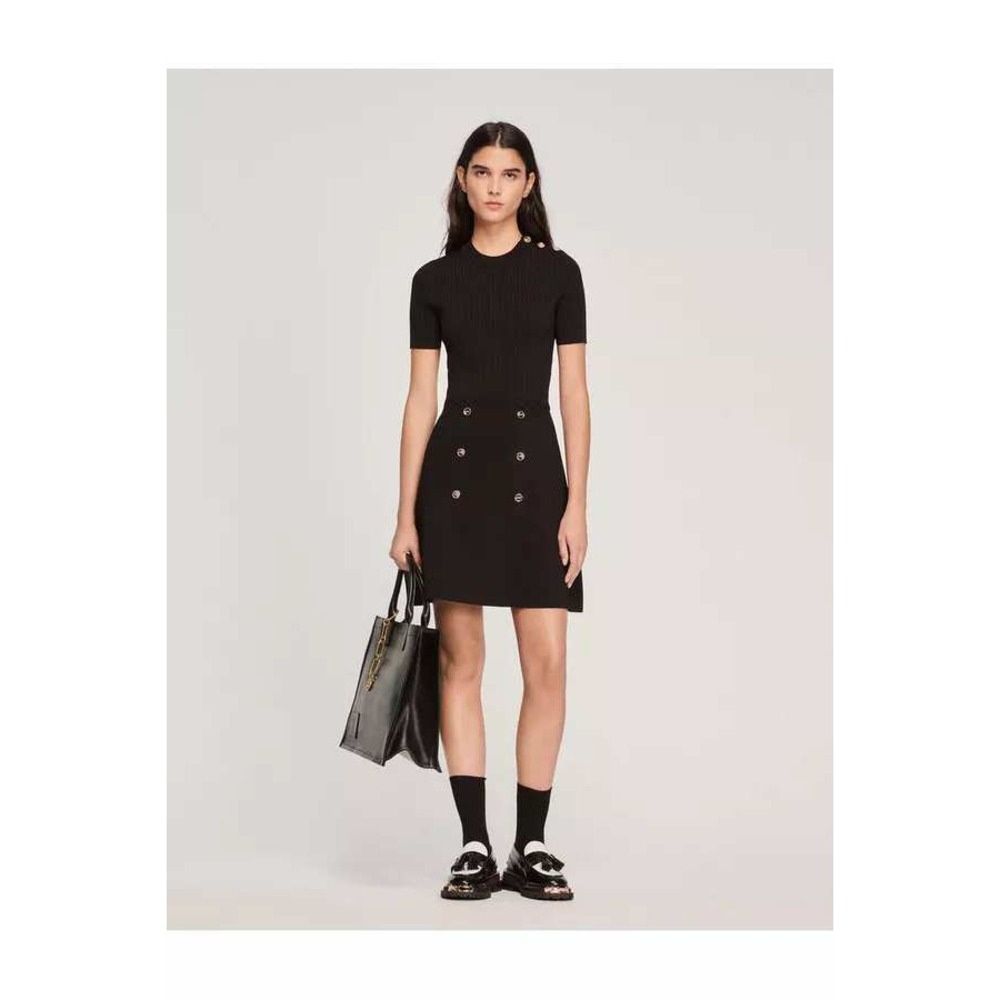 Sandro Black Ribbed Knit Short Sleeve A-Line Dress Gold Button Detail Size 36 - Picture 4 of 14